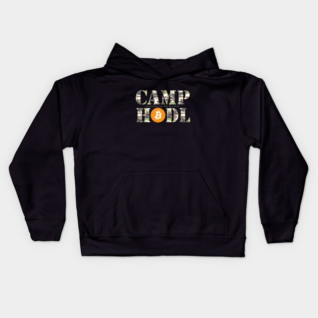 Camp Hodl Camo Stencil Font with Orange Bitcoin Logo Kids Hoodie by Reid Walley